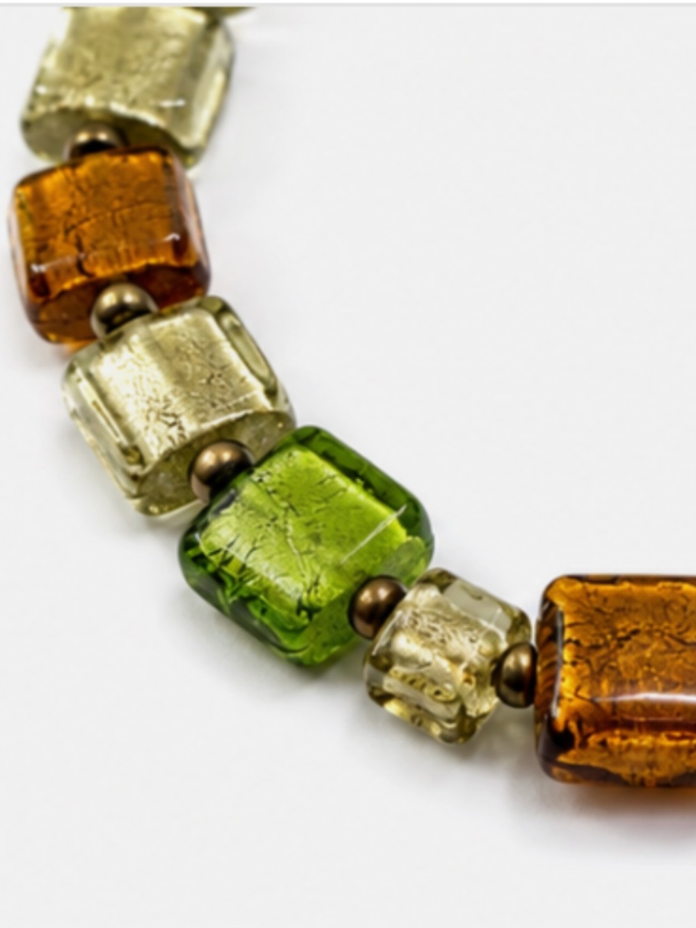 Murano Glass Necklace Square Foil Art Glass Beads Green Gold Amber Italy Vintage - Picture 2 of 8